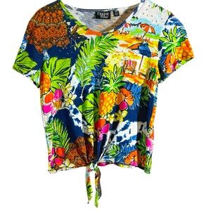 Onque Casual Petite Small Multicolor Tropical Print Tie Waist Embellished Top